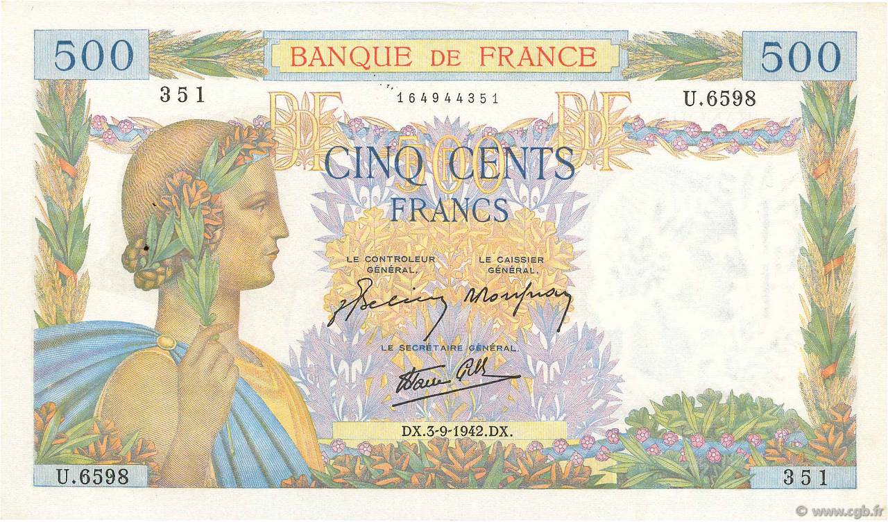500 Francs LA PAIX FRANCIA  1942 F.32.39 EBC