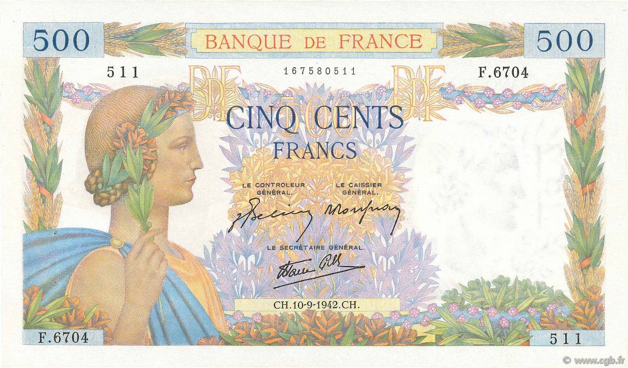 500 Francs LA PAIX FRANCIA  1942 F.32.40 EBC