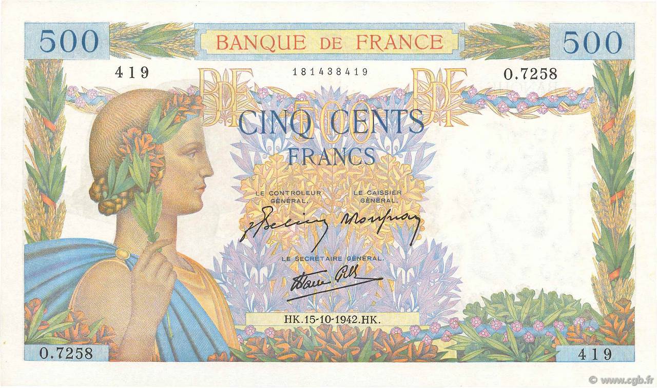 500 Francs LA PAIX FRANCIA  1942 F.32.42 MBC+