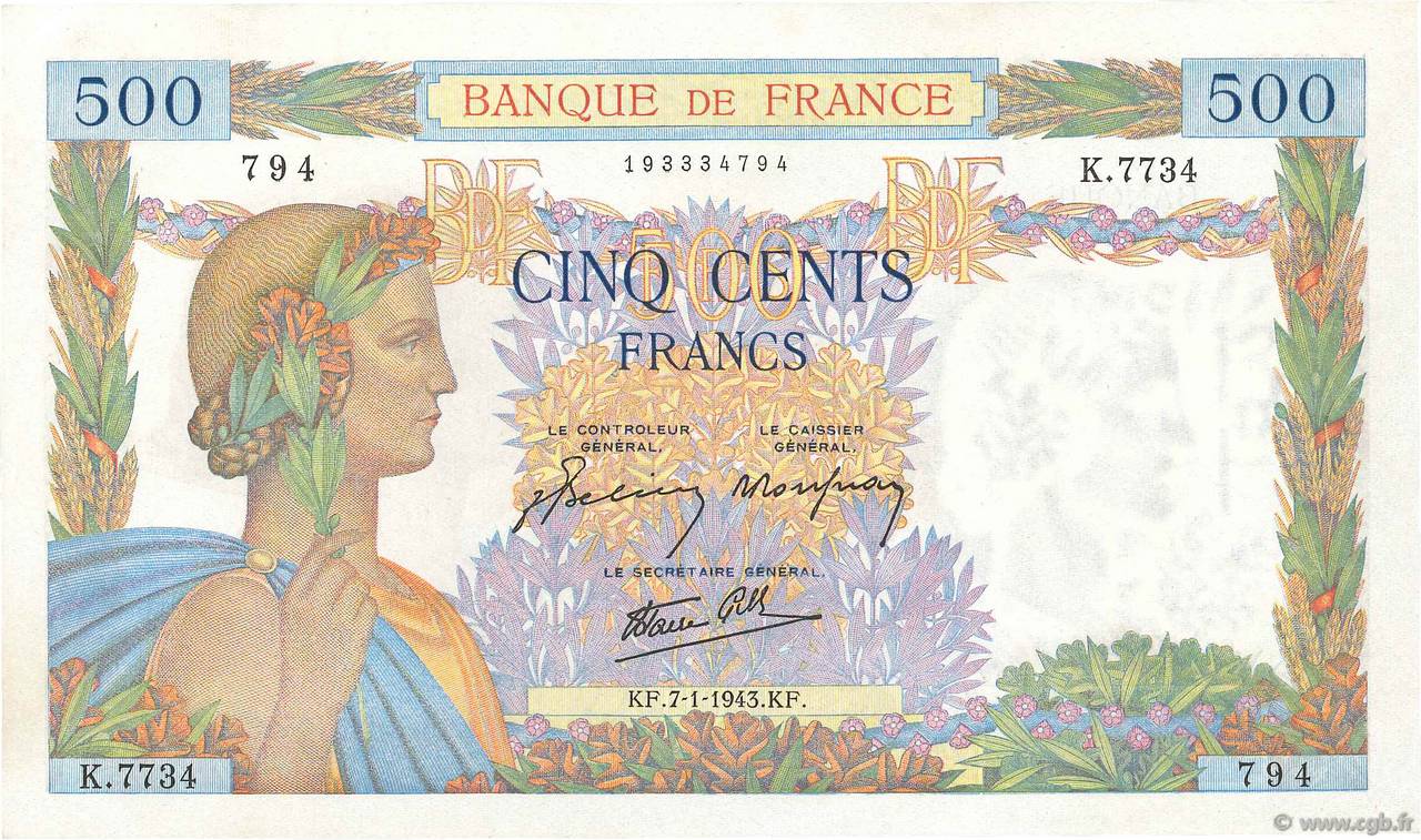 500 Francs LA PAIX FRANCE  1943 F.32.44 XF+