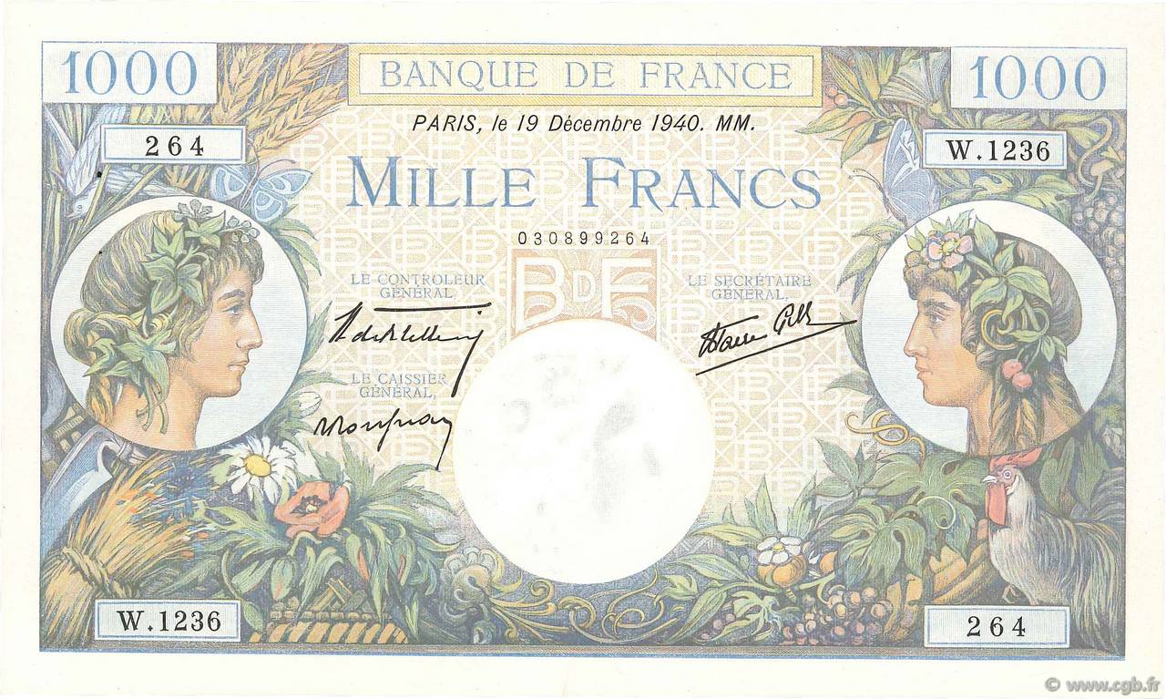 1000 Francs COMMERCE ET INDUSTRIE FRANCE  1940 F.39.03 XF