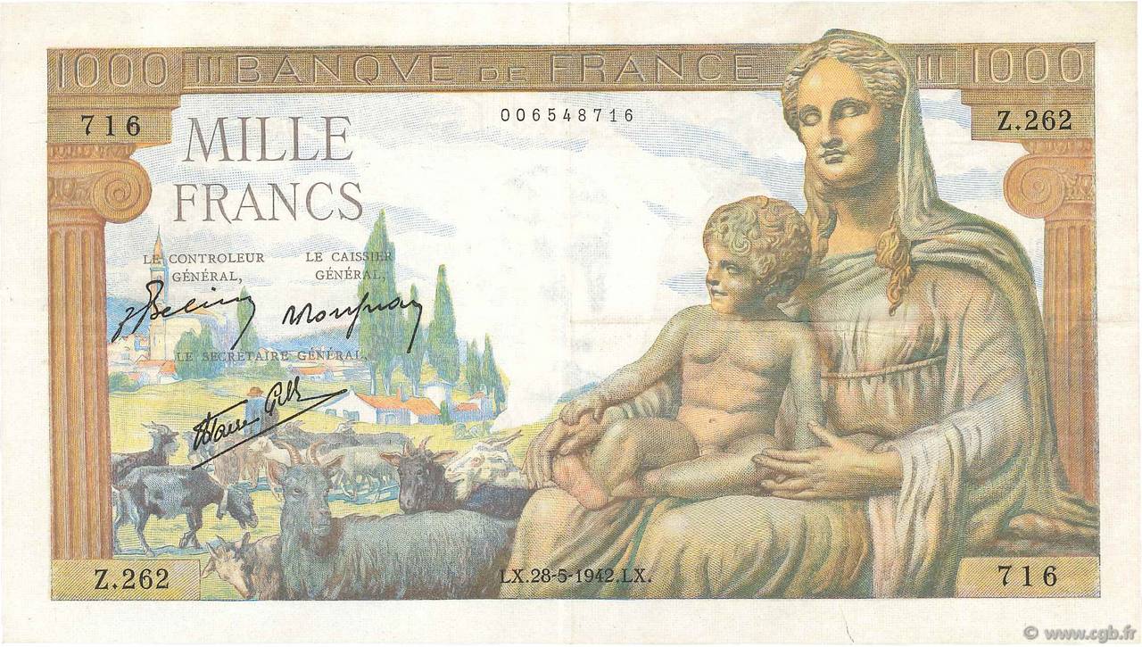 1000 Francs DÉESSE DÉMÉTER FRANCE  1942 F.40.01 VF