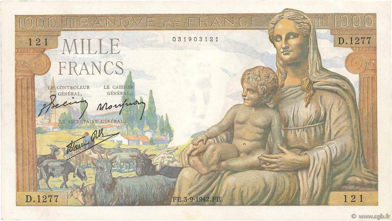 1000 Francs DÉESSE DÉMÉTER FRANKREICH  1942 F.40.06 fST