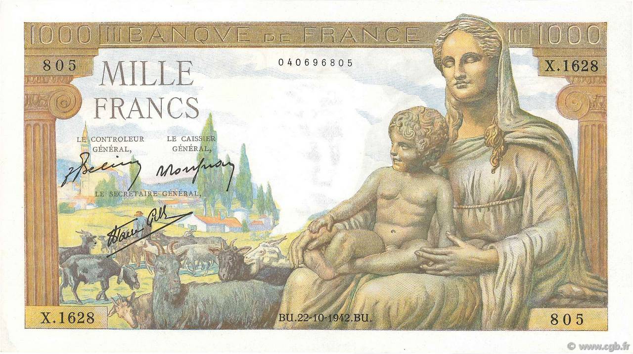 1000 Francs DÉESSE DÉMÉTER FRANCIA  1942 F.40.09 EBC+