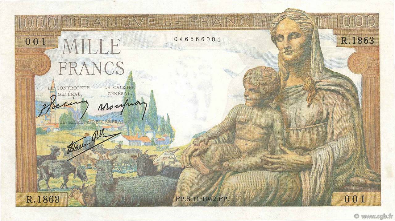 1000 Francs DÉESSE DÉMÉTER FRANKREICH  1942 F.40.10 fST