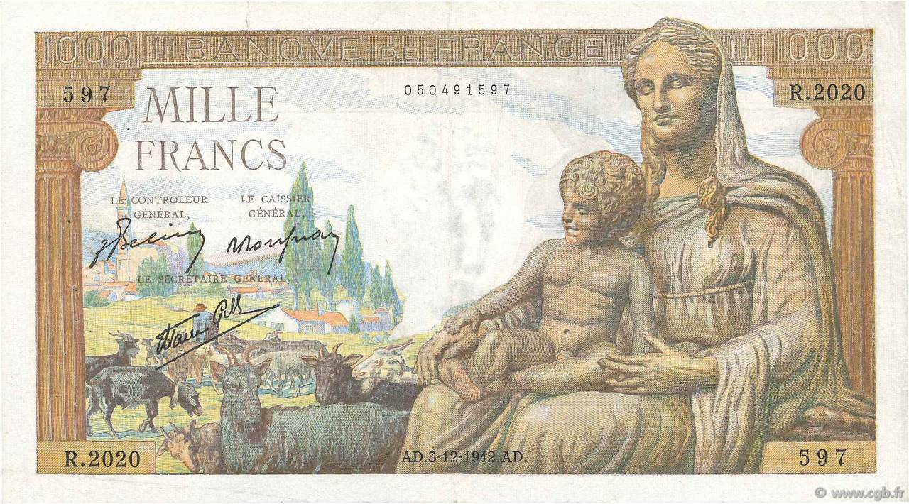 1000 Francs DÉESSE DÉMÉTER FRANCE  1942 F.40.12 VF+
