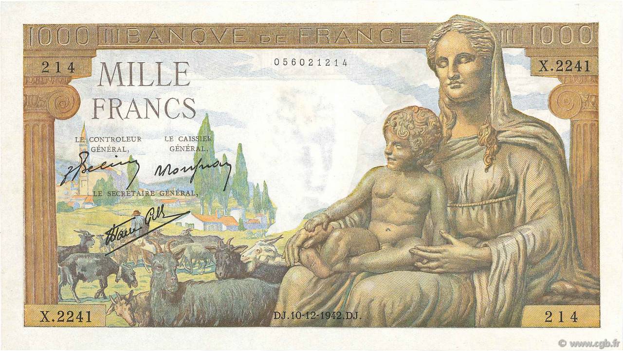 1000 Francs DÉESSE DÉMÉTER FRANCE  1942 F.40.13 AU+
