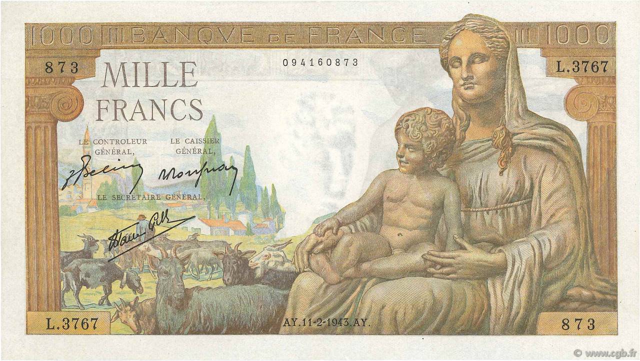1000 Francs DÉESSE DÉMÉTER FRANCE  1943 F.40.18 AU-