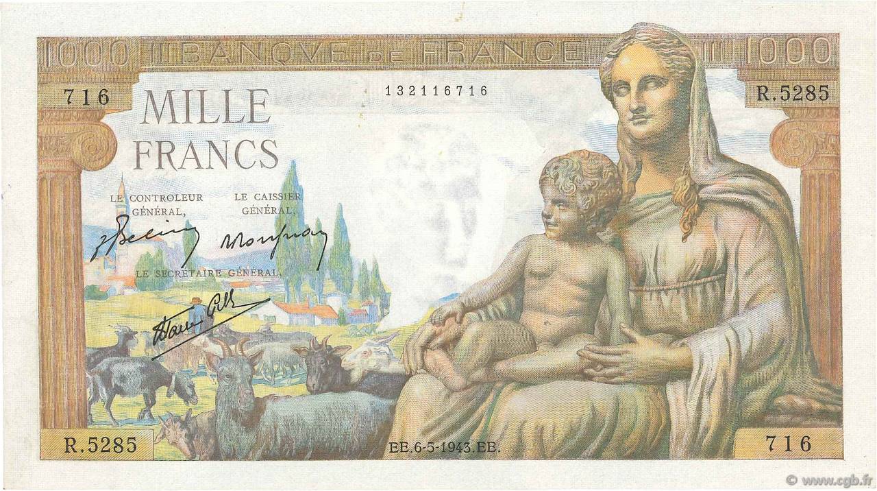 1000 Francs DÉESSE DÉMÉTER FRANCE  1943 F.40.23 SPL+