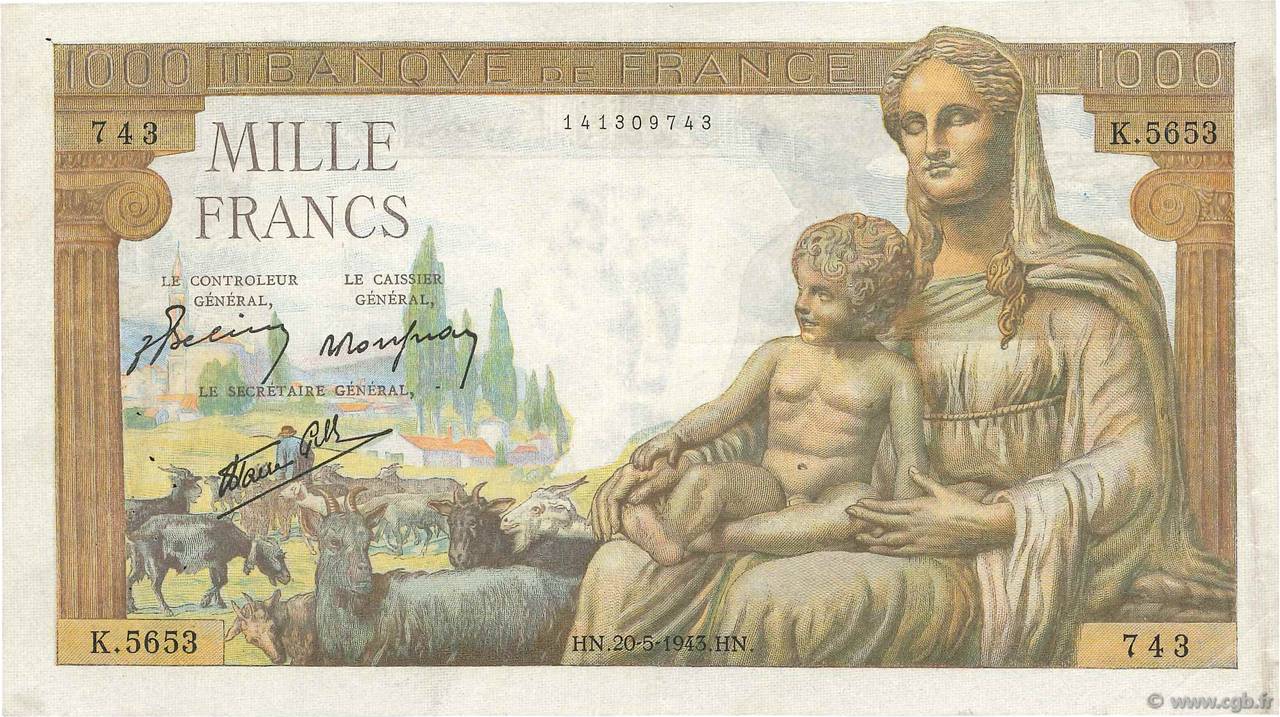1000 Francs DÉESSE DÉMÉTER FRANCE  1943 F.40.24 VF