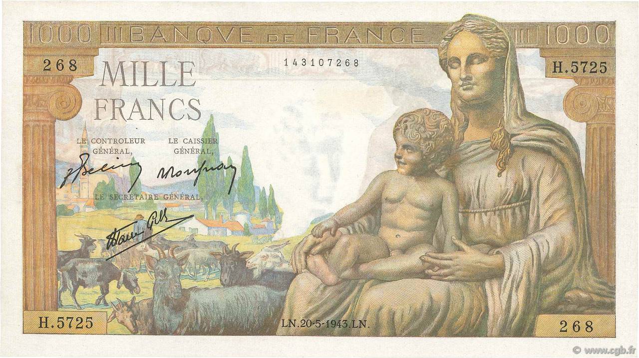 1000 Francs DÉESSE DÉMÉTER FRANCE  1943 F.40.24 XF