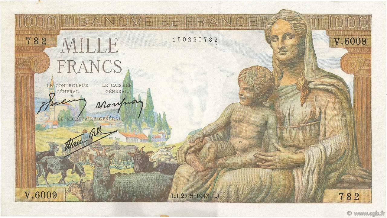 1000 Francs DÉESSE DÉMÉTER FRANCE  1943 F.40.25 XF-