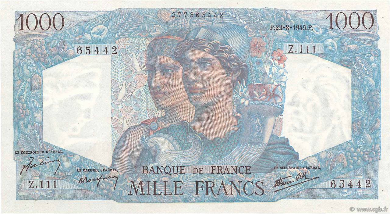 1000 Francs MINERVE ET HERCULE FRANKREICH  1945 F.41.07 fST
