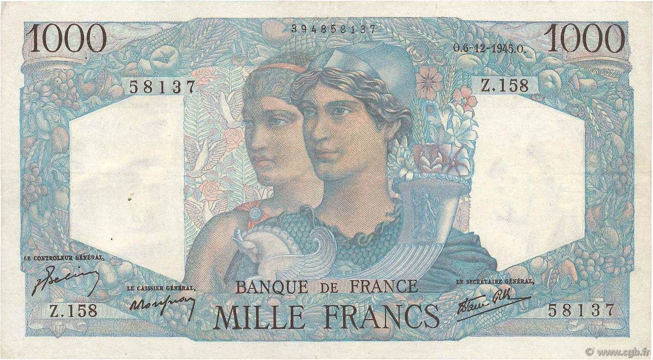 1000 Francs MINERVE ET HERCULE FRANKREICH  1945 F.41.09 SS