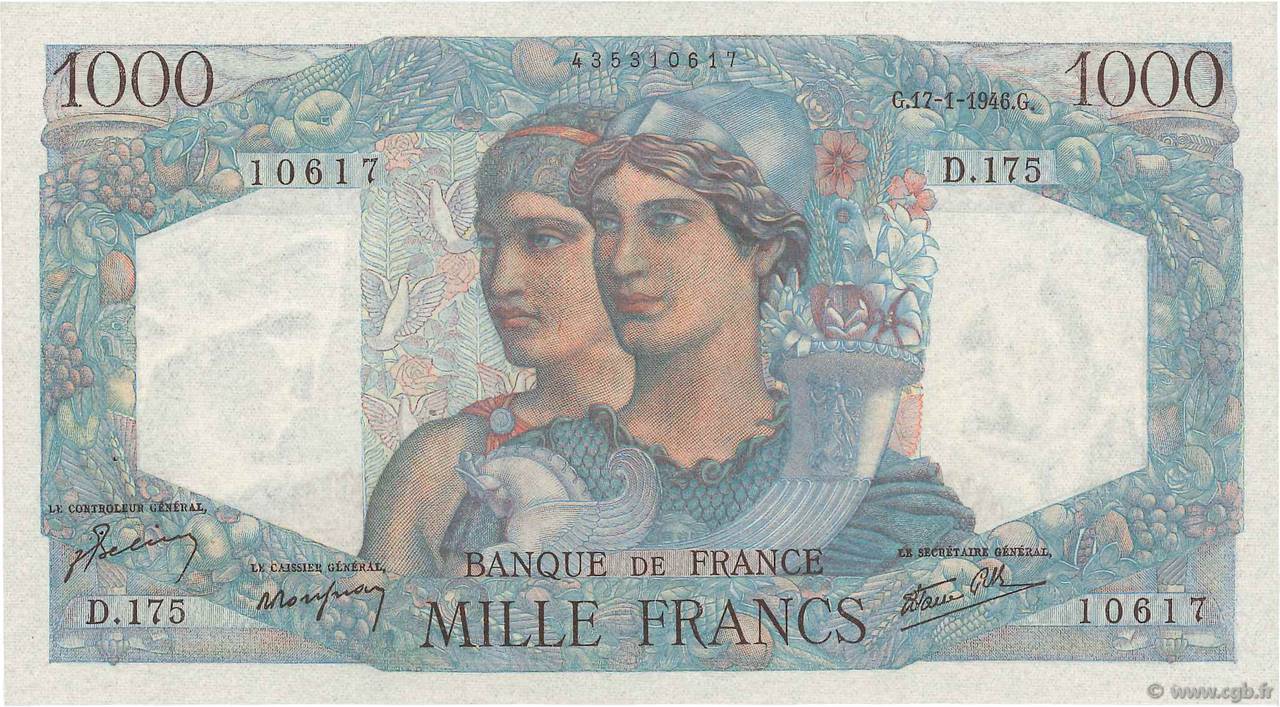 1000 Francs MINERVE ET HERCULE FRANKREICH  1946 F.41.10 fST
