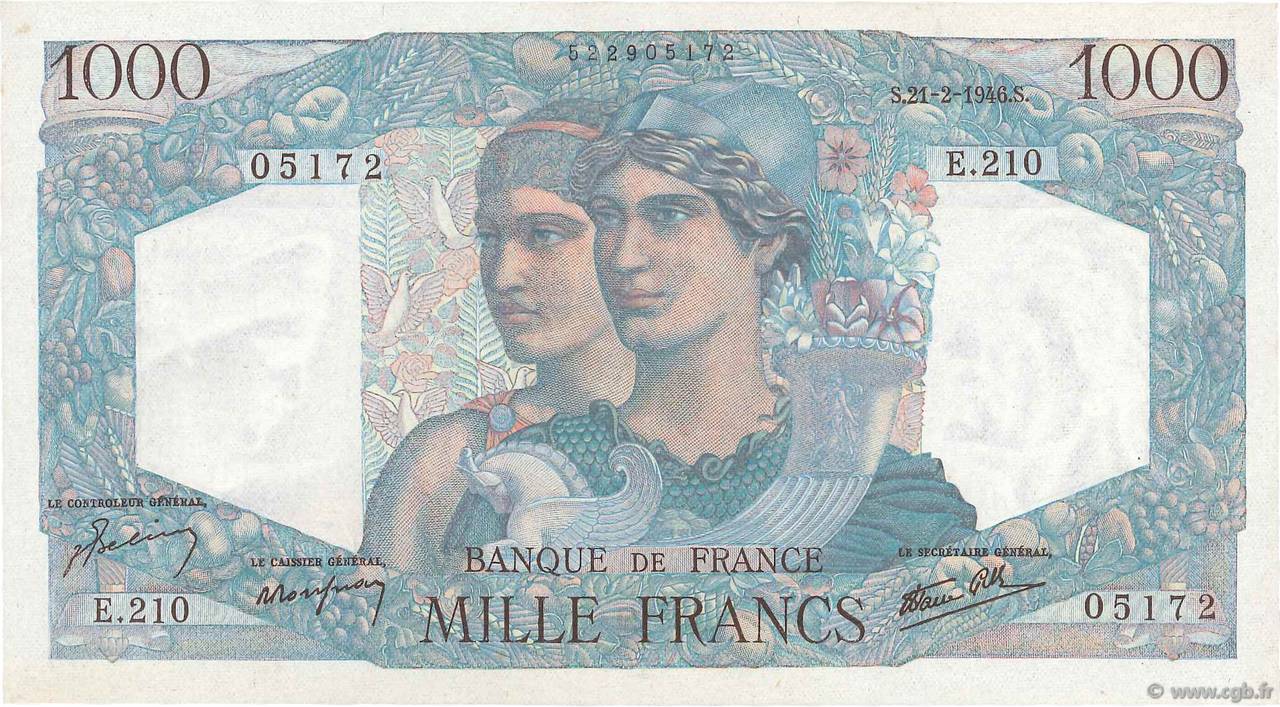 1000 Francs MINERVE ET HERCULE FRANCE  1946 F.41.11 AU+