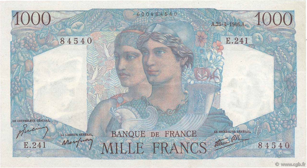 1000 Francs MINERVE ET HERCULE FRANKREICH  1946 F.41.13 fVZ