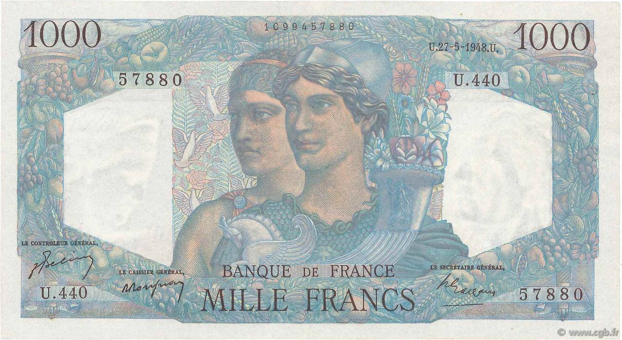 1000 Francs MINERVE ET HERCULE FRANCE  1948 F.41.21 AU-