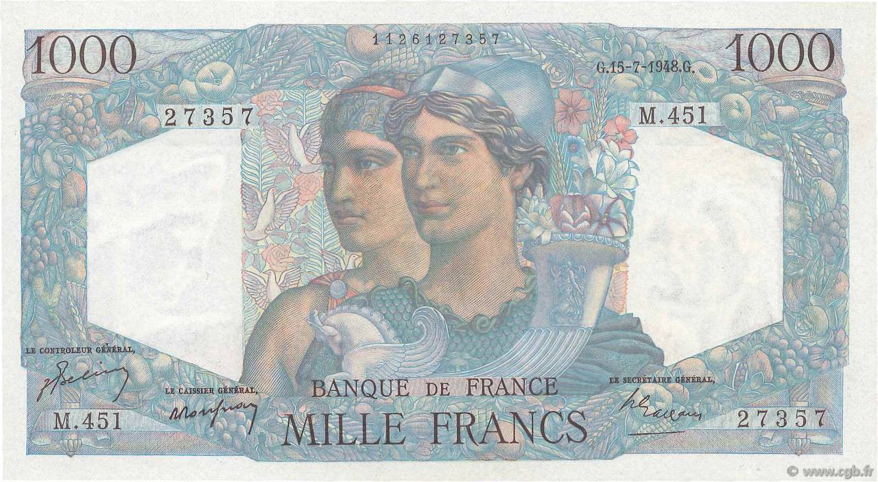 1000 Francs MINERVE ET HERCULE FRANCE  1948 F.41.22 AU