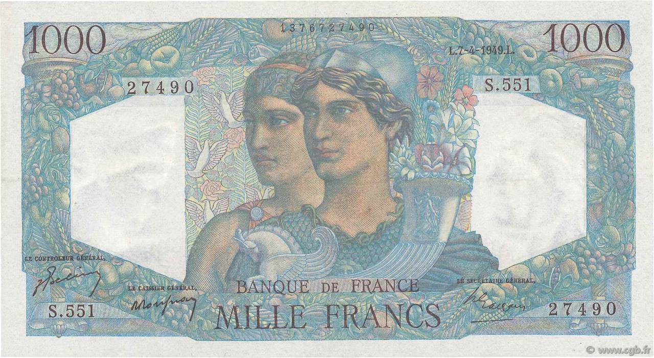 1000 Francs MINERVE ET HERCULE FRANCIA  1949 F.41.26 MBC+