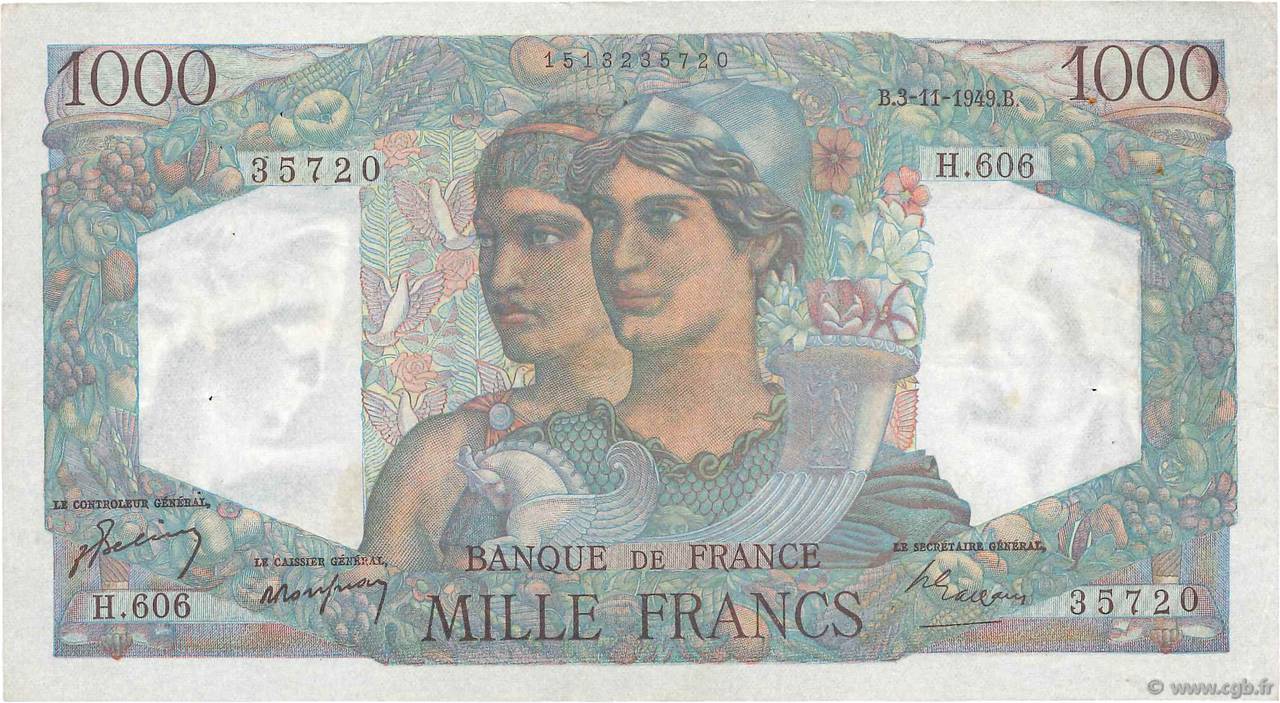 1000 Francs MINERVE ET HERCULE FRANCE  1949 F.41.29 VF+