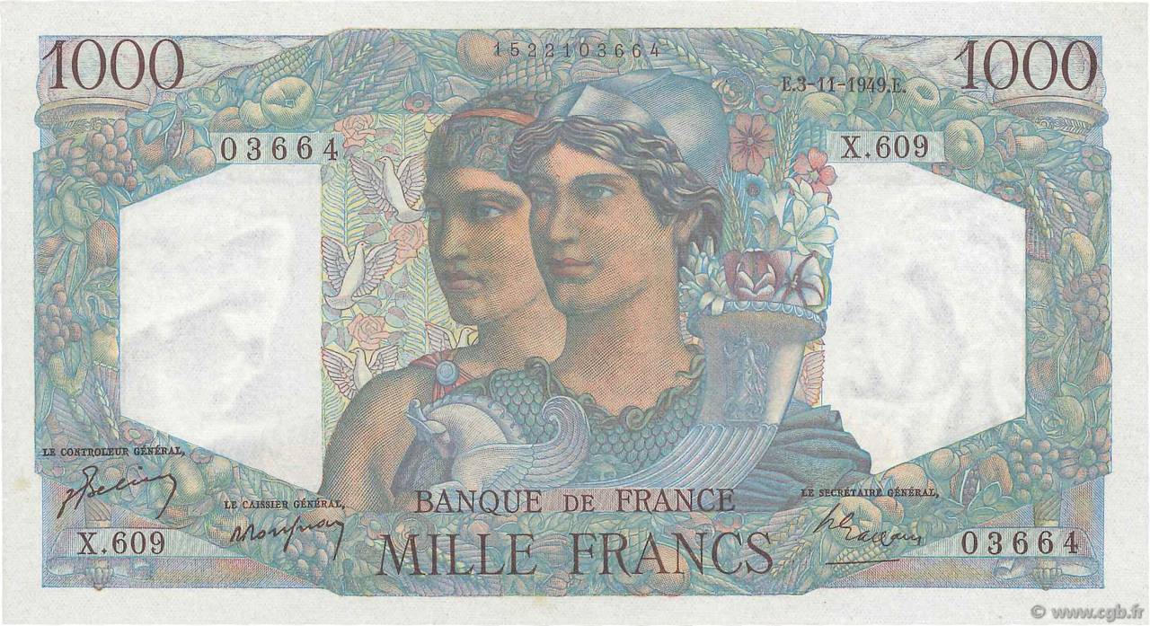 1000 Francs MINERVE ET HERCULE FRANCE  1949 F.41.29 UNC-