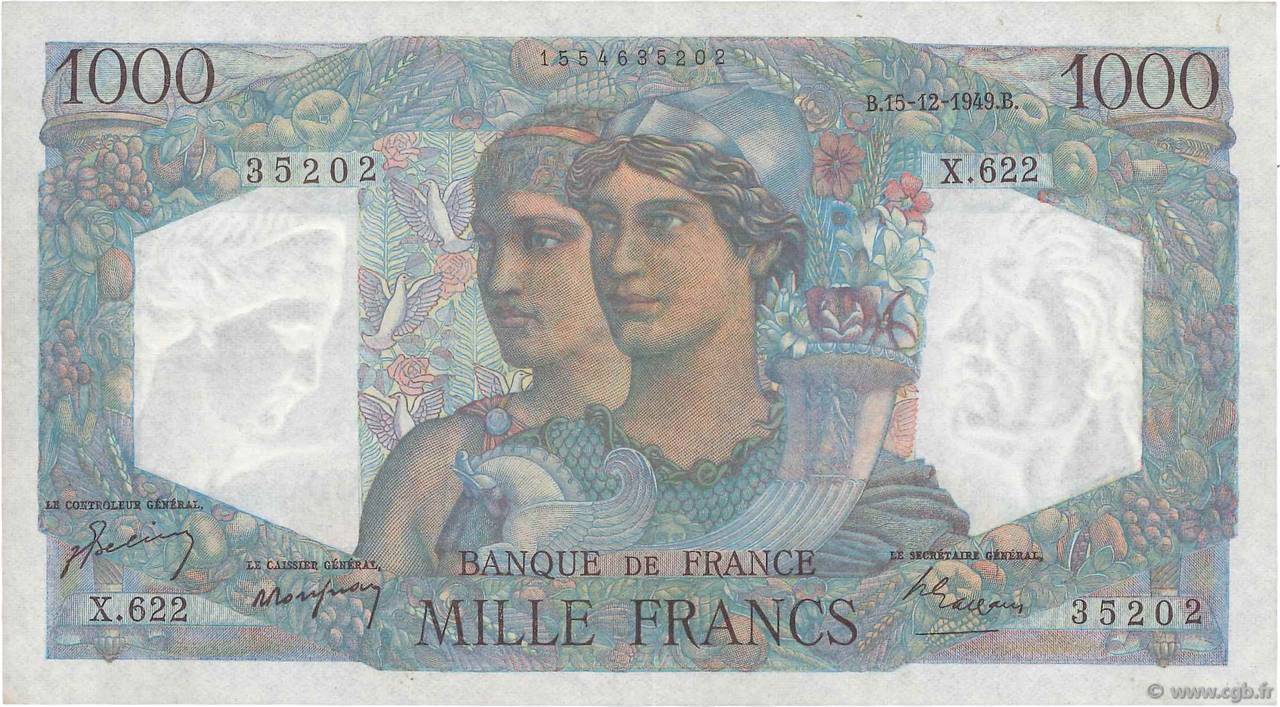 1000 Francs MINERVE ET HERCULE FRANCE  1949 F.41.30 XF-