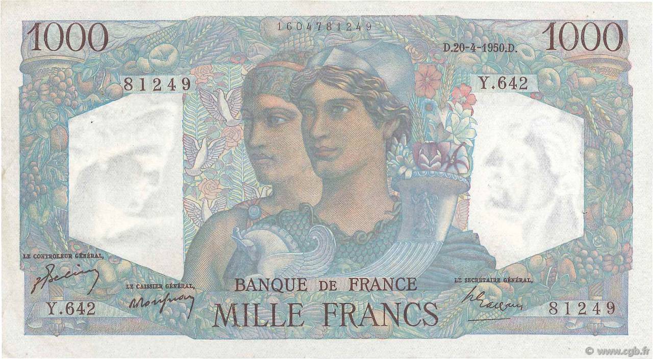 1000 Francs MINERVE ET HERCULE FRANCE  1950 F.41.32 VF+