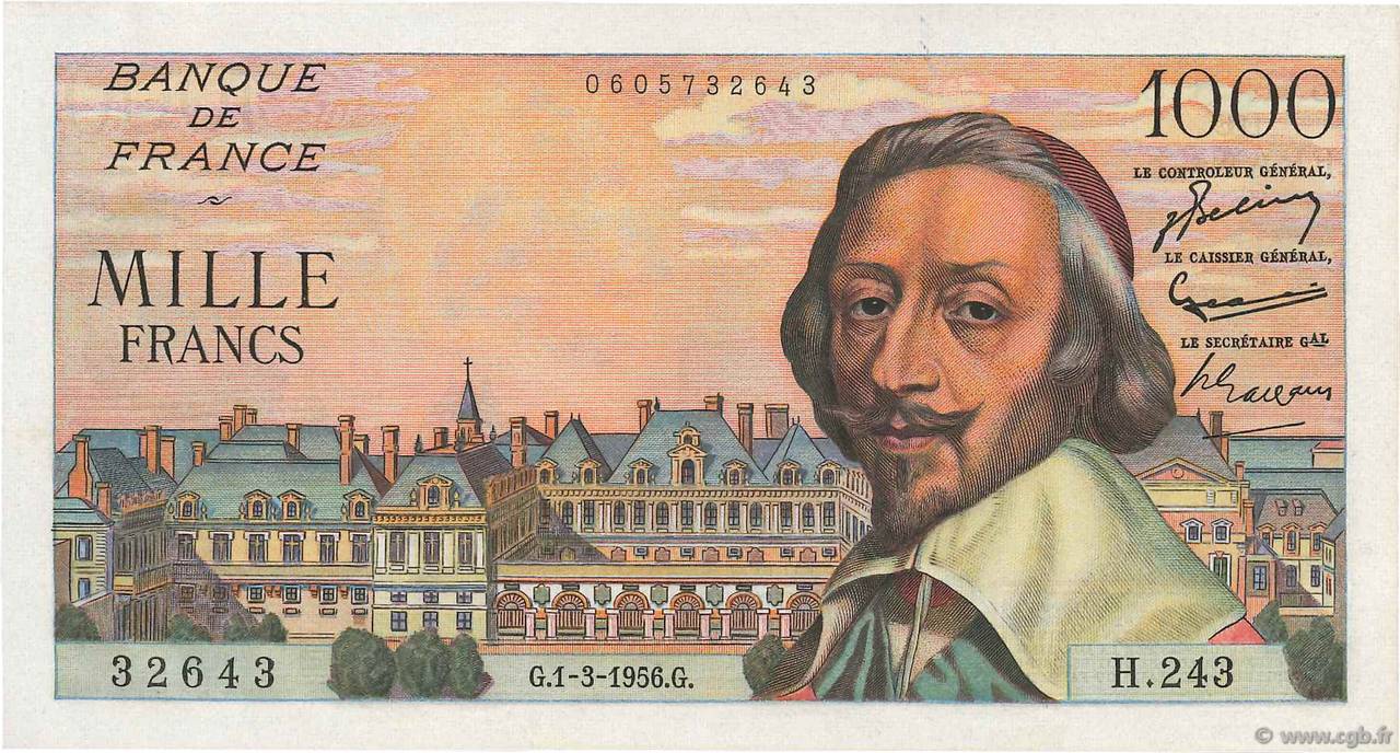 1000 Francs RICHELIEU FRANCE  1956 F.42.19 AU