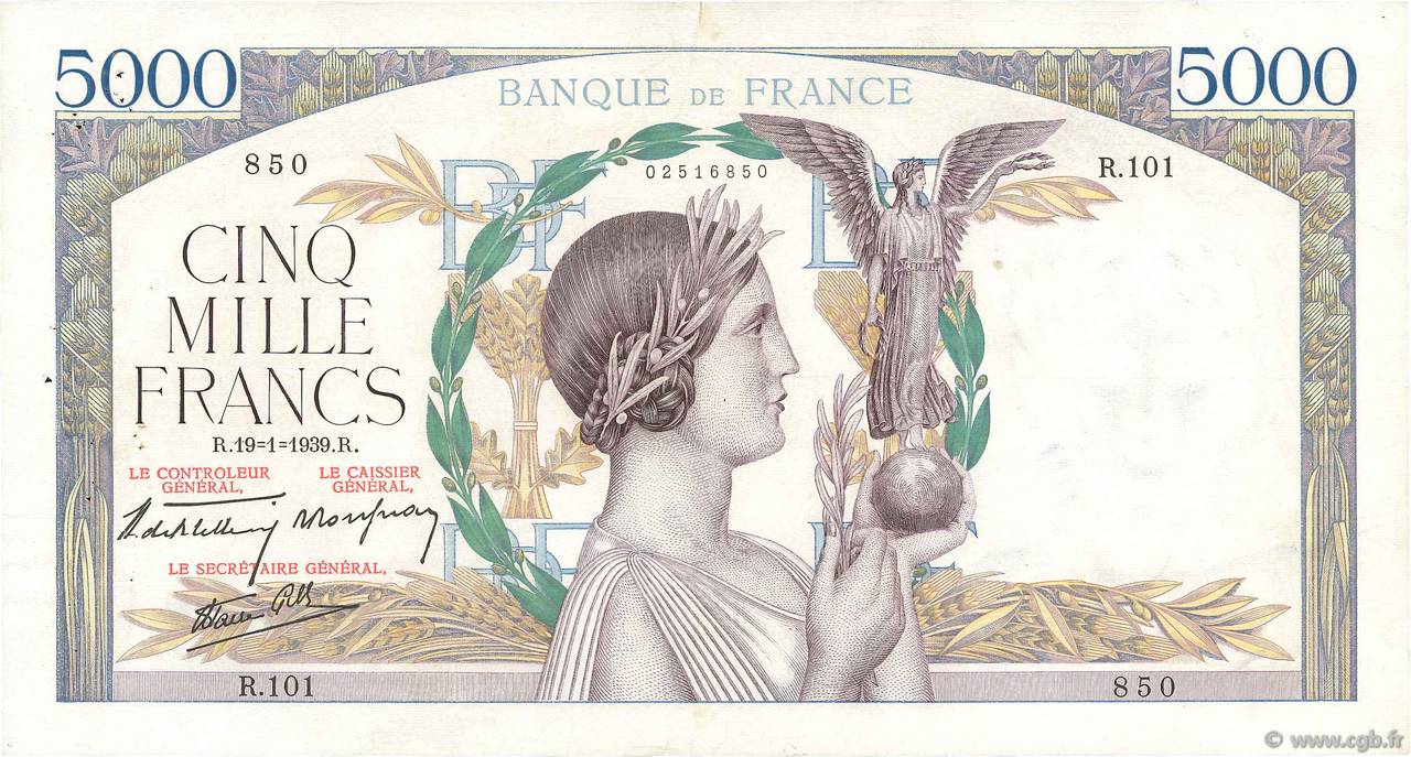 5000 Francs VICTOIRE Impression à plat FRANCE  1939 F.46.02 VF