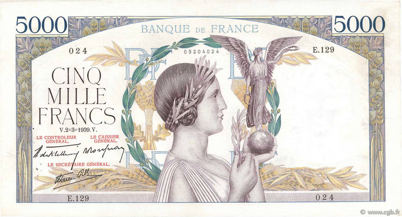 5000 Francs VICTOIRE Impression à plat FRANCE  1939 F.46.03 VF