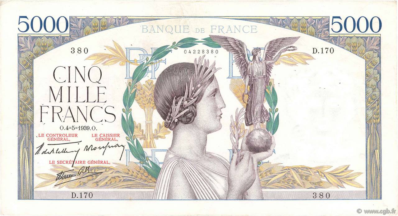 5000 Francs VICTOIRE Impression à plat FRANCIA  1939 F.46.05 q.BB