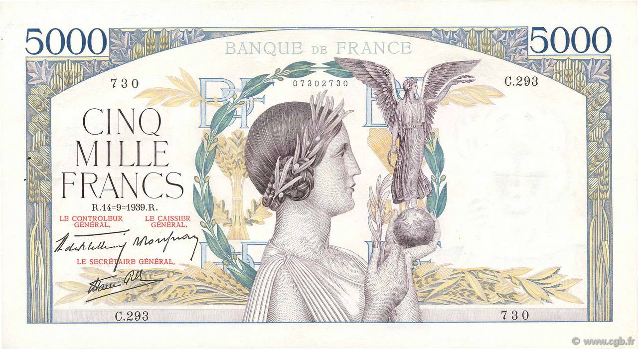 5000 Francs VICTOIRE Impression à plat FRANCIA  1939 F.46.10 q.SPL