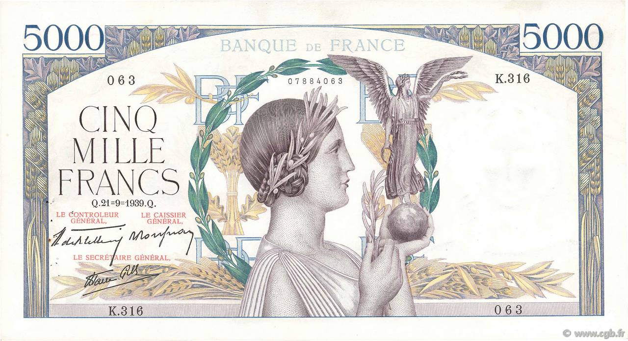 5000 Francs VICTOIRE Impression à plat FRANKREICH  1939 F.46.11 fVZ