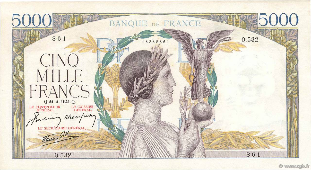 5000 Francs VICTOIRE Impression à plat FRANCE  1941 F.46.20 pr.SUP