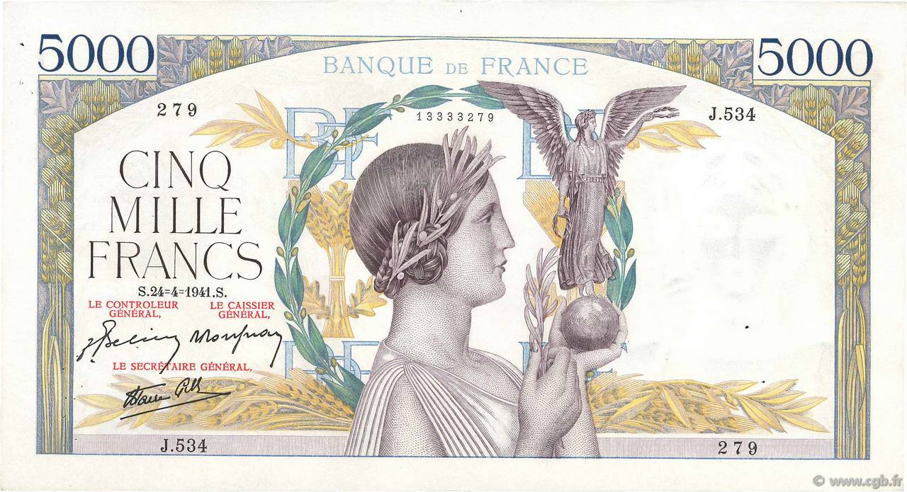 5000 Francs VICTOIRE Impression à plat FRANKREICH  1941 F.46.20 fVZ
