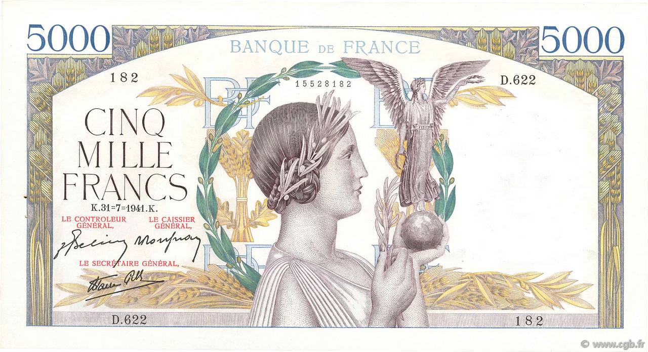 5000 Francs VICTOIRE Impression à plat FRANKREICH  1941 F.46.24 VZ+