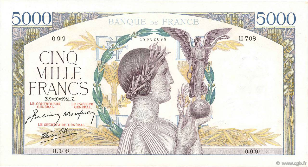 5000 Francs VICTOIRE Impression à plat FRANCIA  1941 F.46.27 EBC