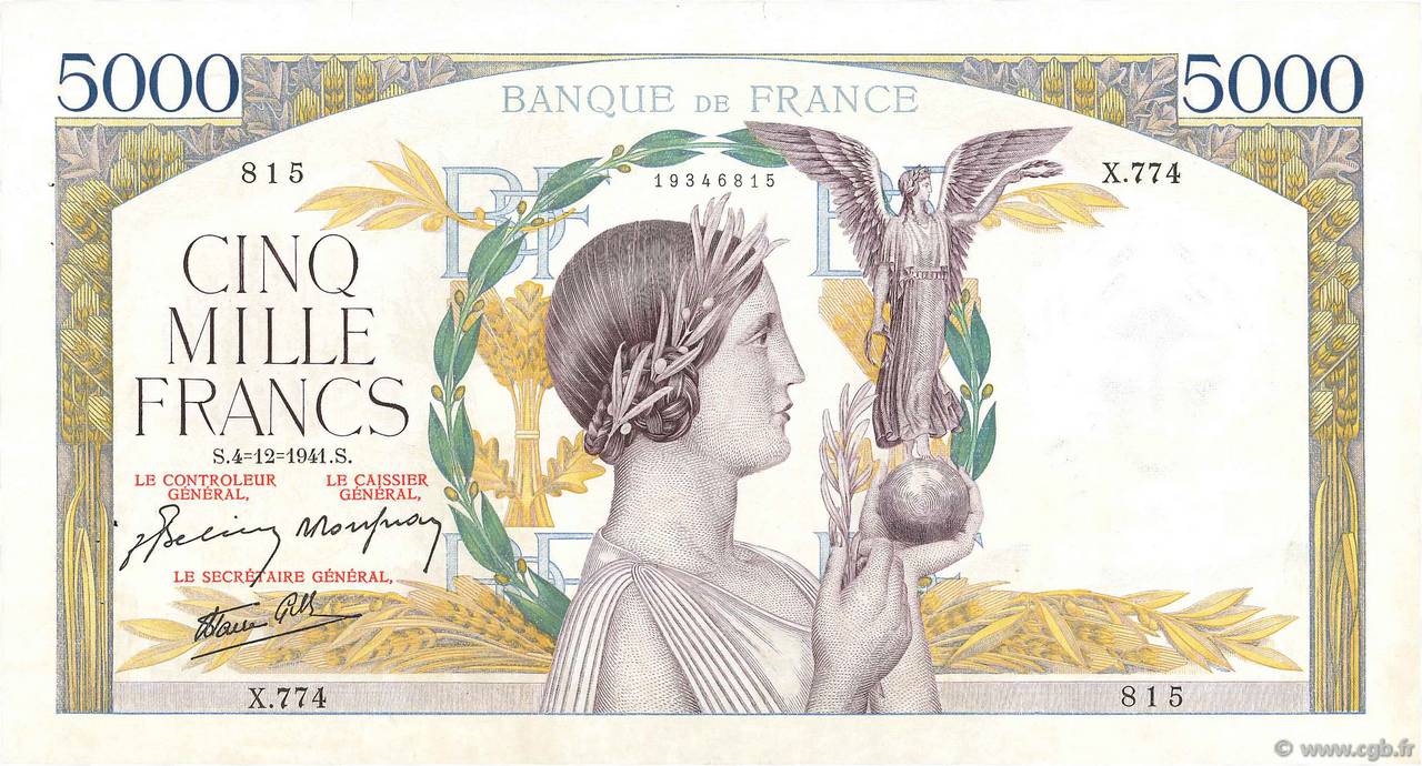 5000 Francs VICTOIRE Impression à plat FRANKREICH  1941 F.46.30 fVZ