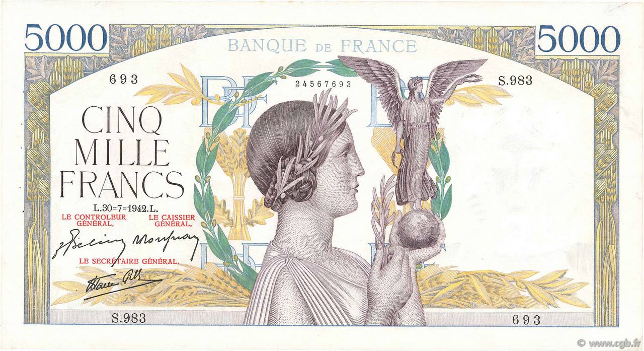 5000 Francs VICTOIRE Impression à plat FRANCIA  1942 F.46.39 q.SPL