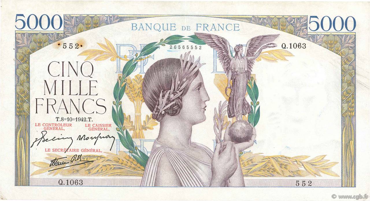 5000 Francs VICTOIRE Impression à plat FRANCIA  1942 F.46.42 BB