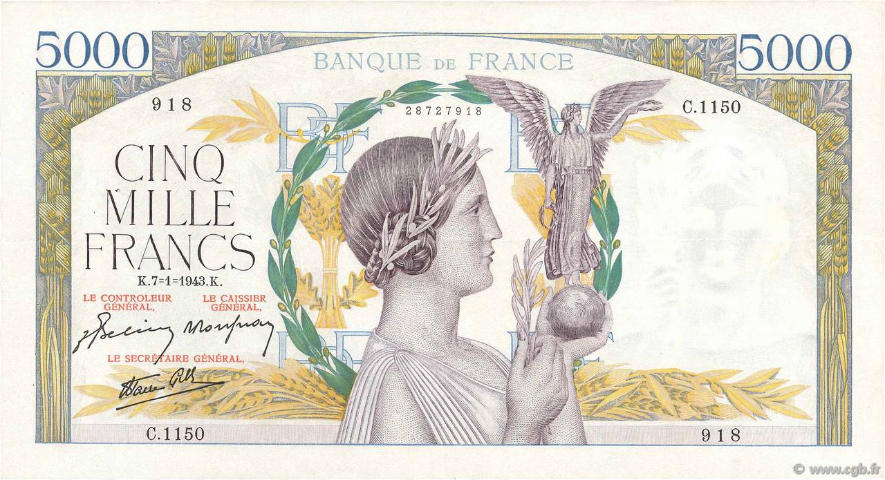 5000 Francs VICTOIRE Impression à plat FRANCE  1943 F.46.46 XF-