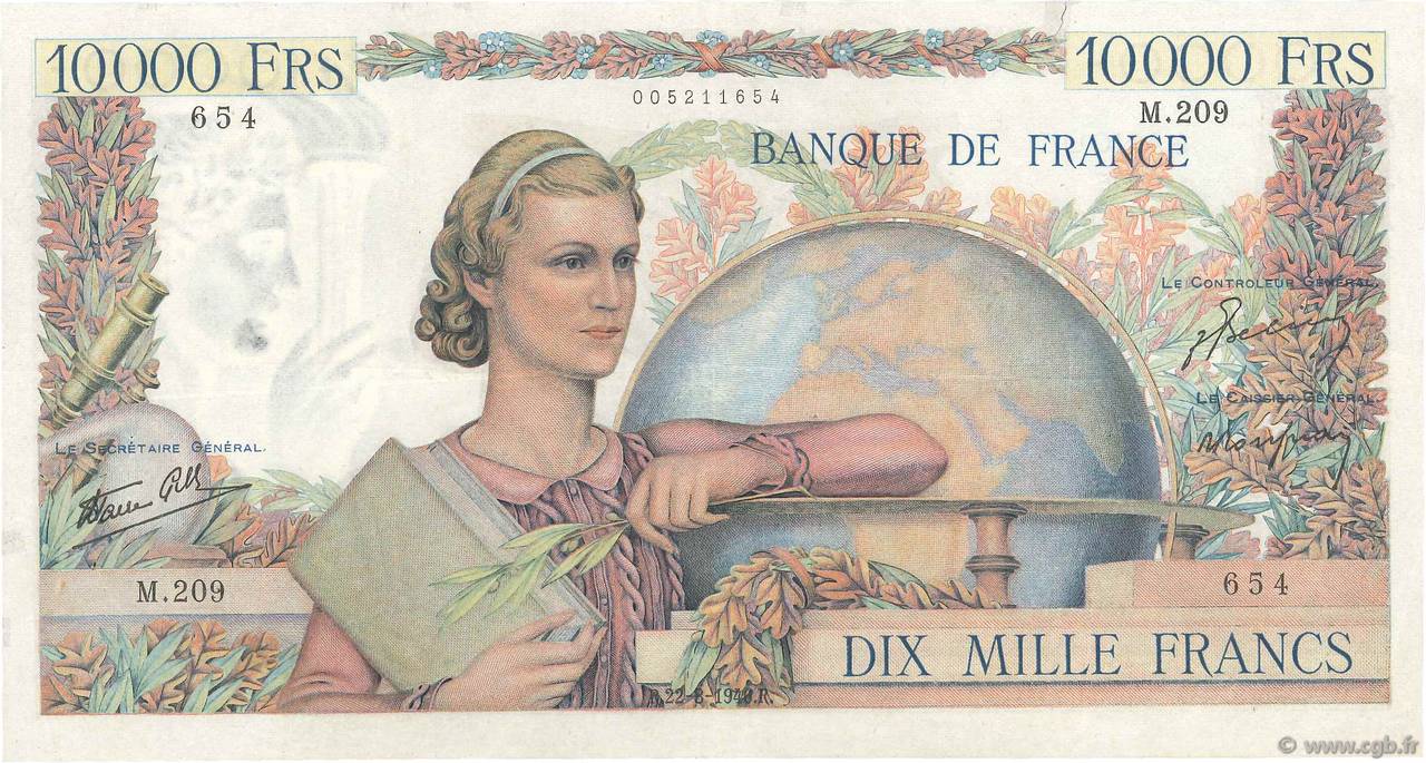 10000 Francs GÉNIE FRANÇAIS FRANCE  1946 F.50.09 VF