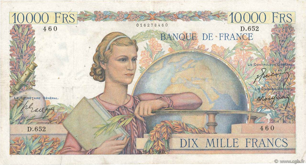 10000 Francs GÉNIE FRANÇAIS FRANCIA  1950 F.50.28 MB