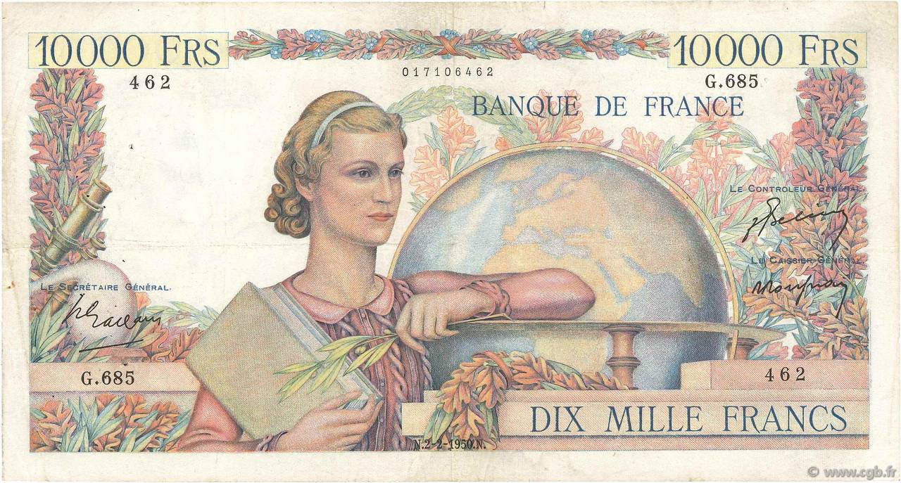 10000 Francs GÉNIE FRANÇAIS FRANCE  1950 F.50.29 VF-