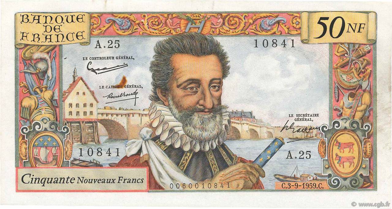 50 Nouveaux Francs HENRI IV FRANCE  1959 F.58.03 XF-