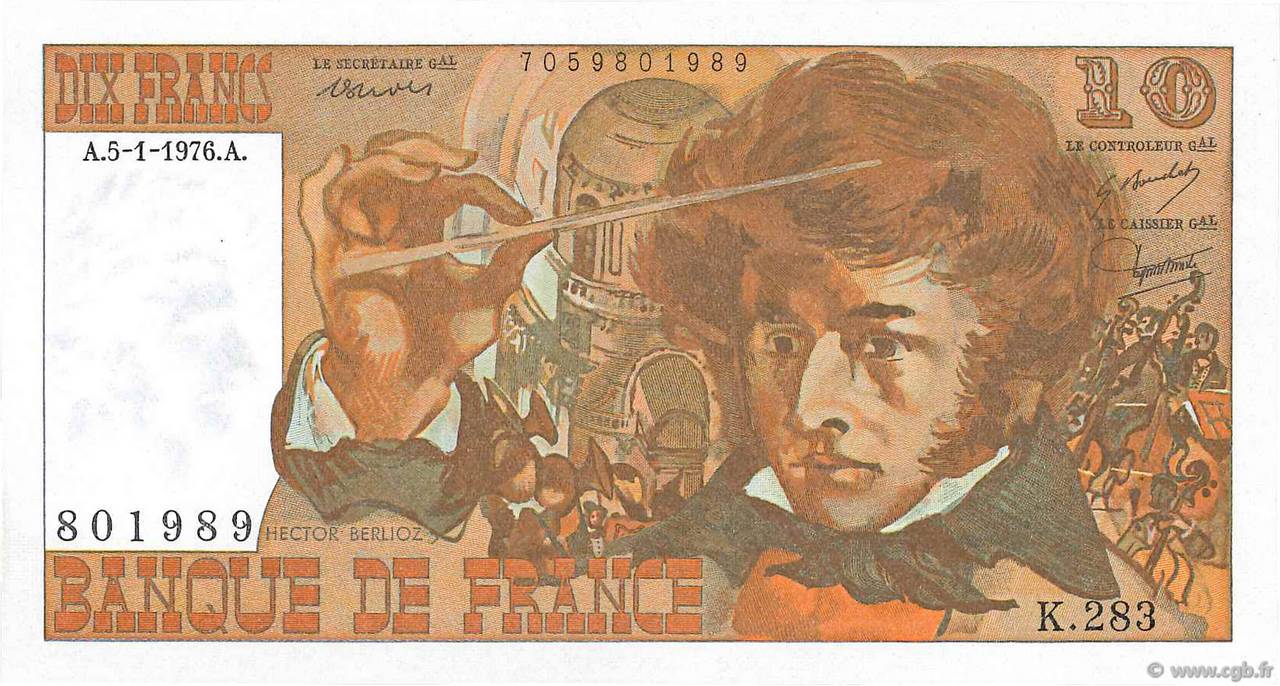 10 Francs BERLIOZ FRANCE  1976 F.63.17-283 AU+