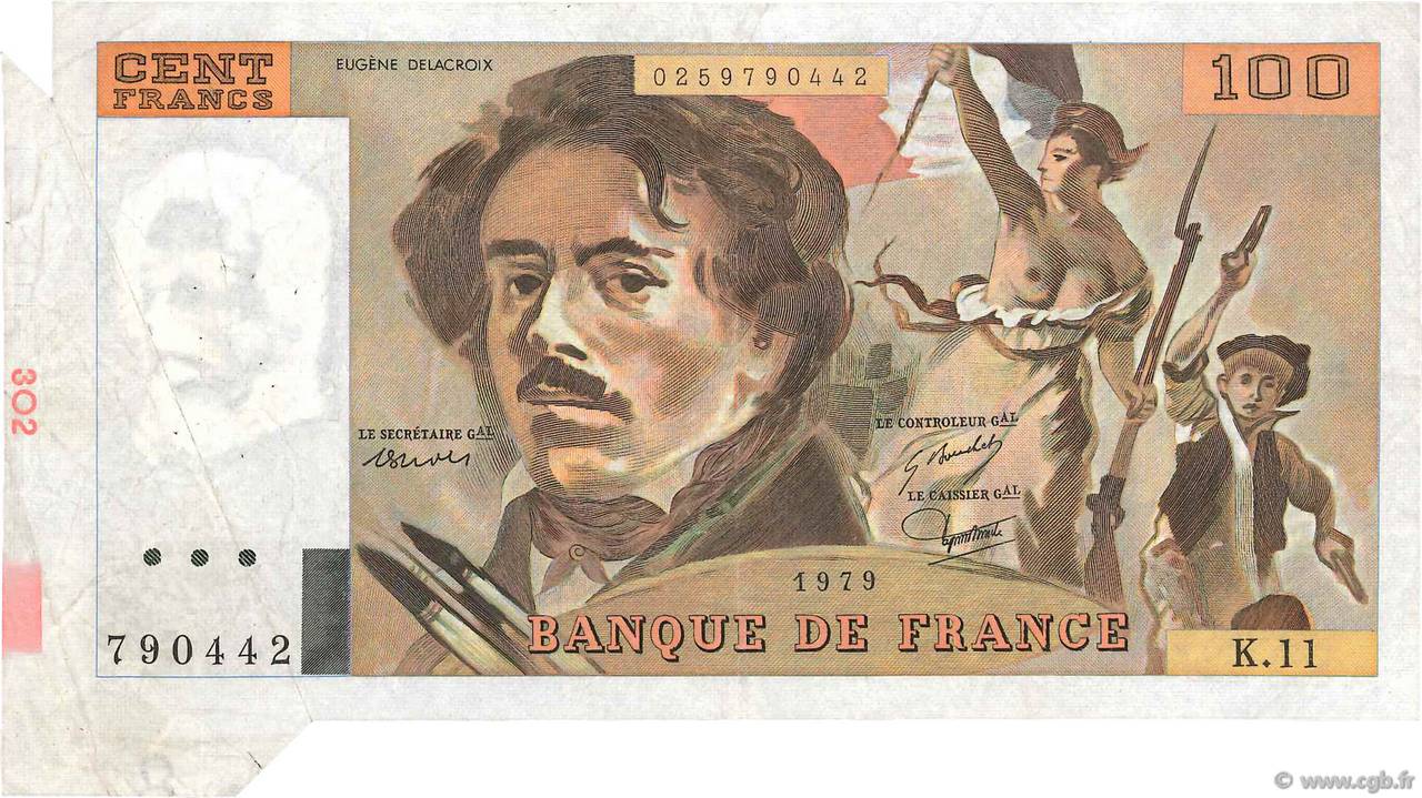 100 Francs DELACROIX modifié Fauté FRANCE  1979 F.69.02c VF