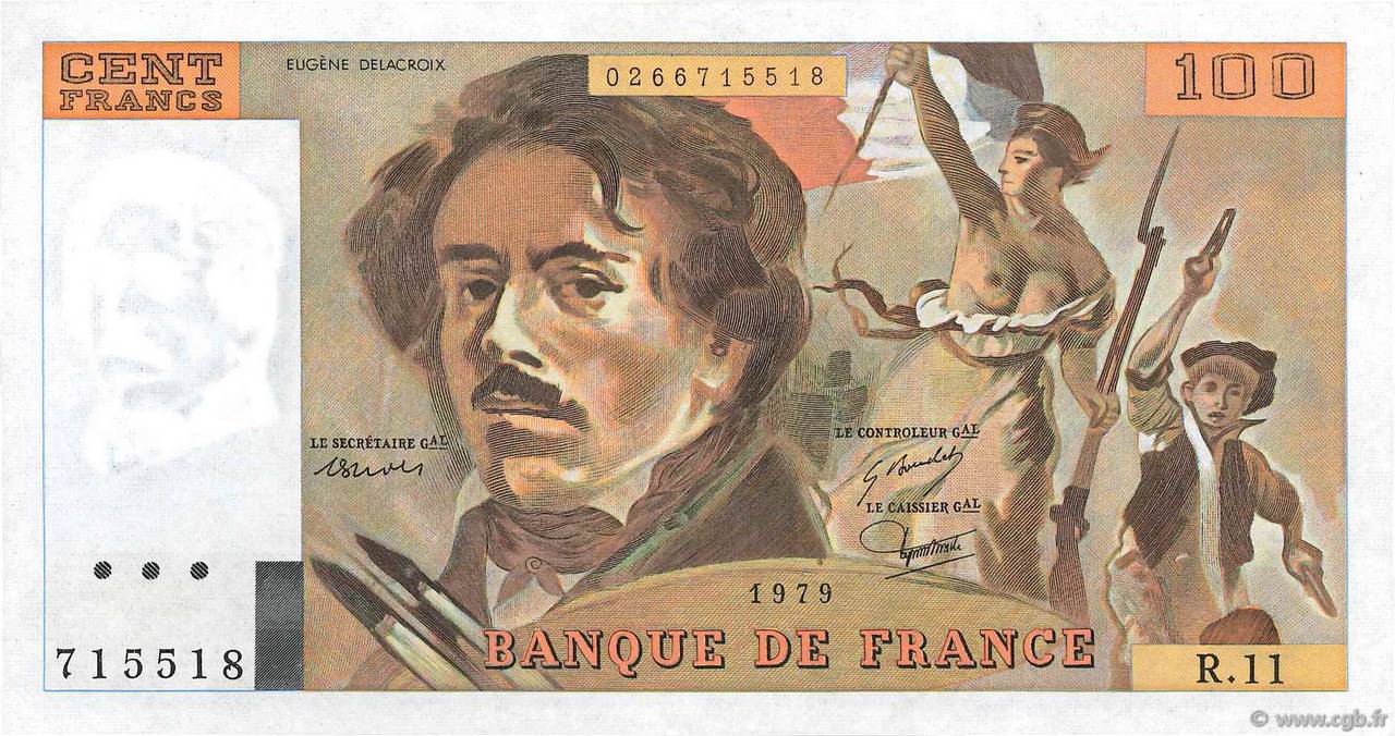 100 Francs DELACROIX modifié FRANCE  1979 F.69.02c SPL+