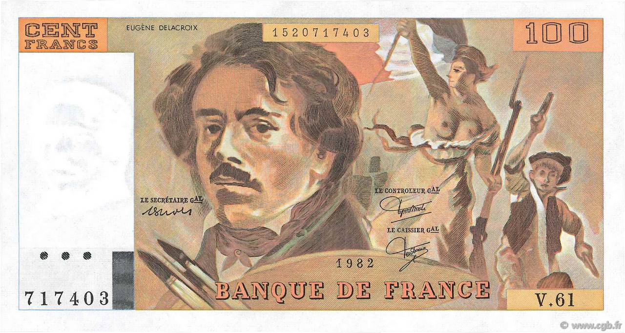 100 Francs DELACROIX modifié FRANCE  1982 F.69.06 NEUF